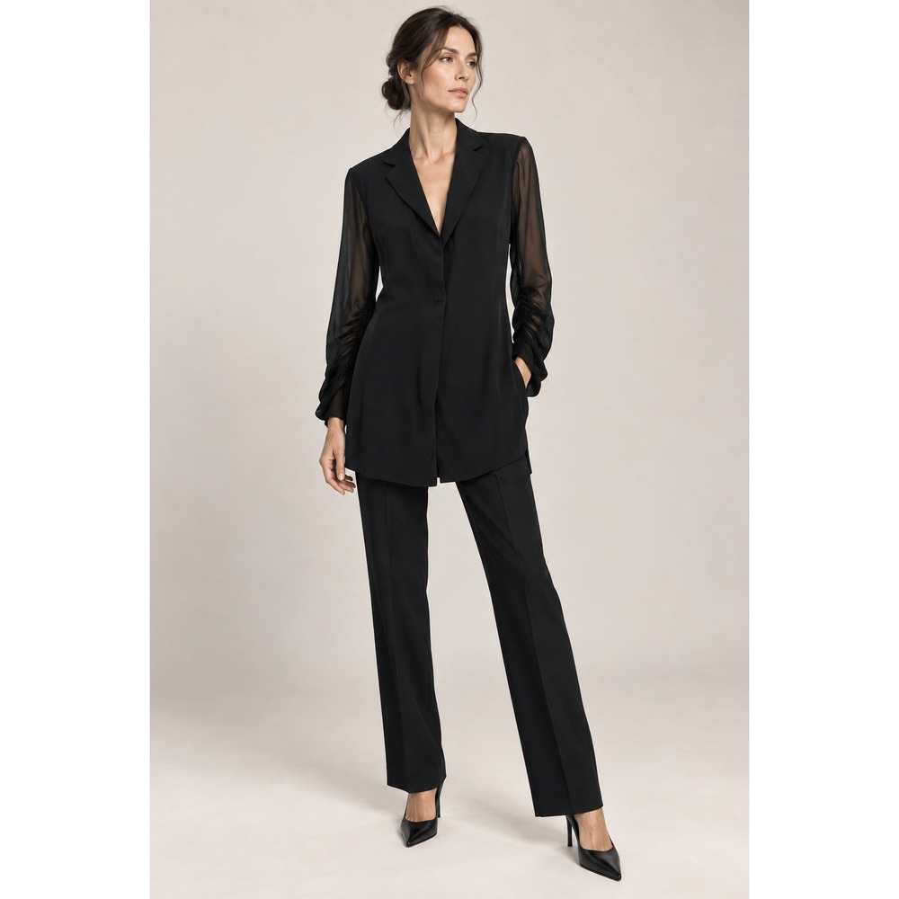 Akris Womens S Black 100% Silk Blazer Jacket Sheer Ruched Sleeve Quiet Luxury